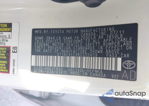 2011 Toyota Corolla Le z USA, uszkodzony, nr VIN 2T1BU4EEXBC552459